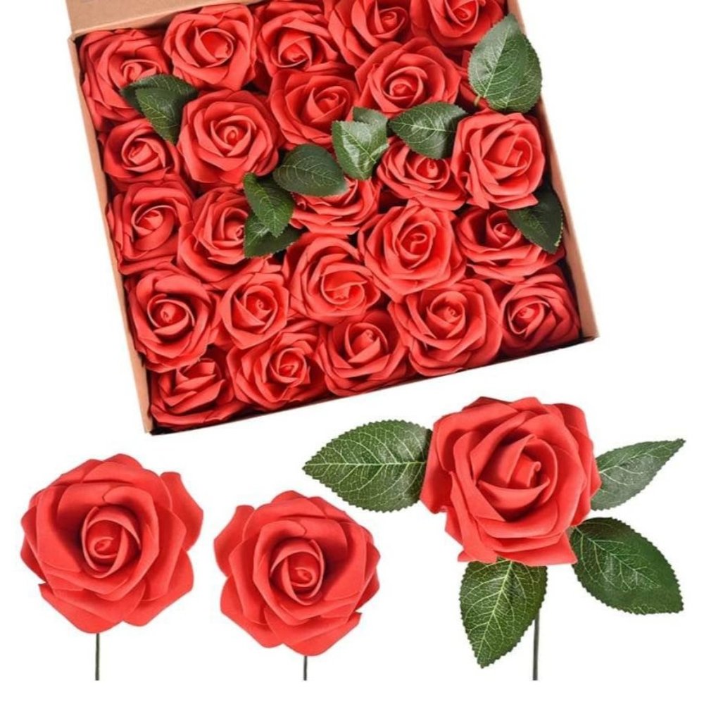 25 count | Red Roses Faux Flowers with Stems Wedding Bouquet Centerpiece Decor